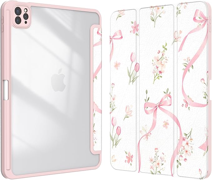 Case for iPad Pro 11 inch 4th/ 3rd/ 2nd / 1st Generation (2022/2021/2020/2018), Case with Pencil Holder, Clear Back Cover Cute Cool Design for Women Girls, Auto Sleep/Wake, Bow Tulip