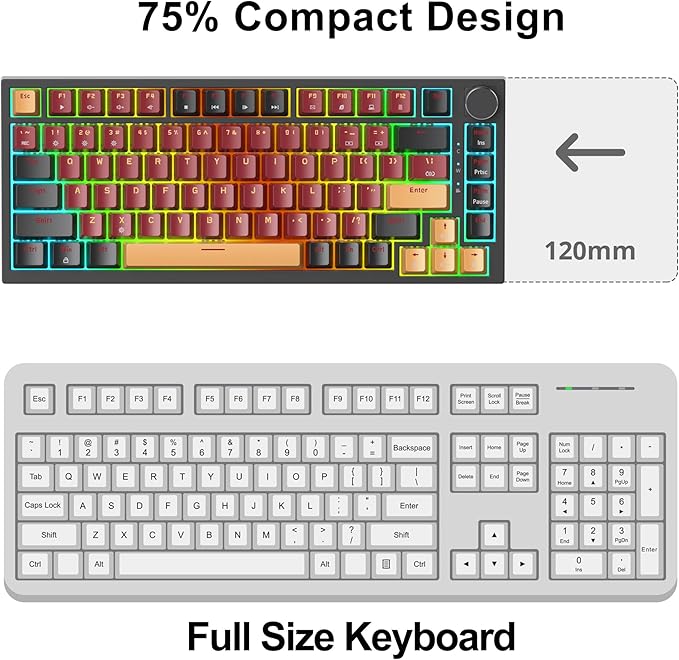 Fogruaden Wired 75% Percent Hot Swappable Mechanical Keyboard, Red Switch, TKL Mechanical Keyboard, Gasket Mount, RGB Backlit Compact Gaming Keyboard with Volume Knob(RedSamurai)