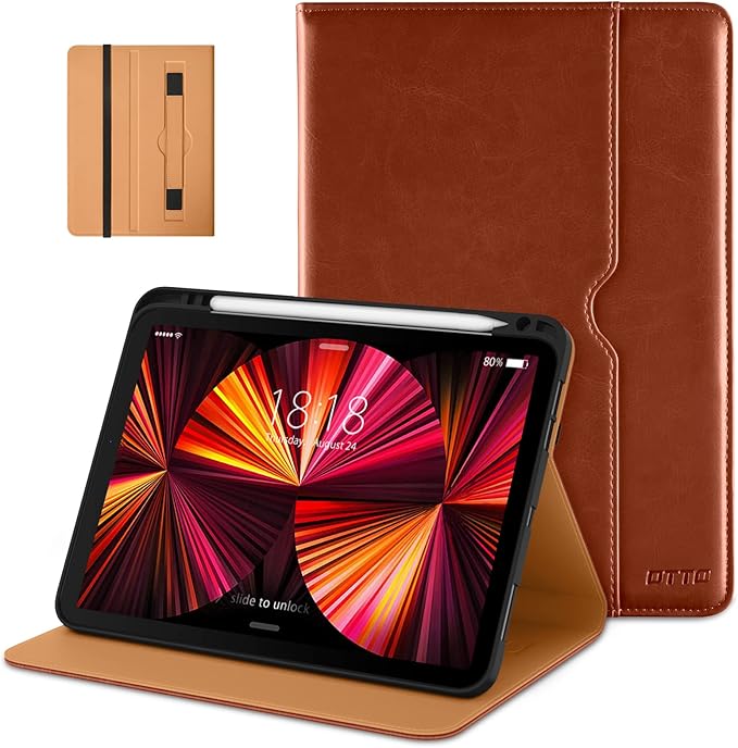 DTTO Case for iPad Pro 11 Inch 4th / 3rd / 2nd / 1st Generation 2022/2021/2020/2018,Premium PU Leather Folio Stand Cover with Hand Strap, Auto Wake/Sleep,Multiple Viewing Angles, Brown
