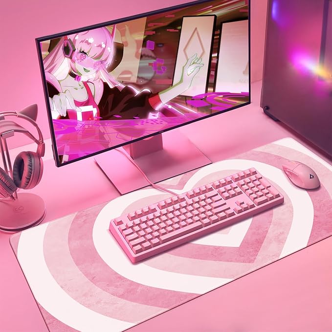 iLeadon Pink Desk Mat, XL Gaming Mouse Pad, Cute Heart Design - Perfect for Work, Gaming, Home. Rubber Base, Stitched Edges