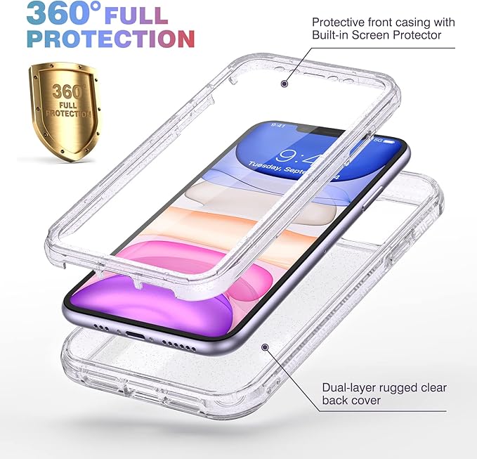 Diaclara Compatible with iPhone 11 Case, Full Body Rugged with Built-in Touch Sensitive Anti-Scratch Screen Protector, Soft TPU Bumper Case Clear Compatible with iPhone 11 6.1" (Clear Glitter)