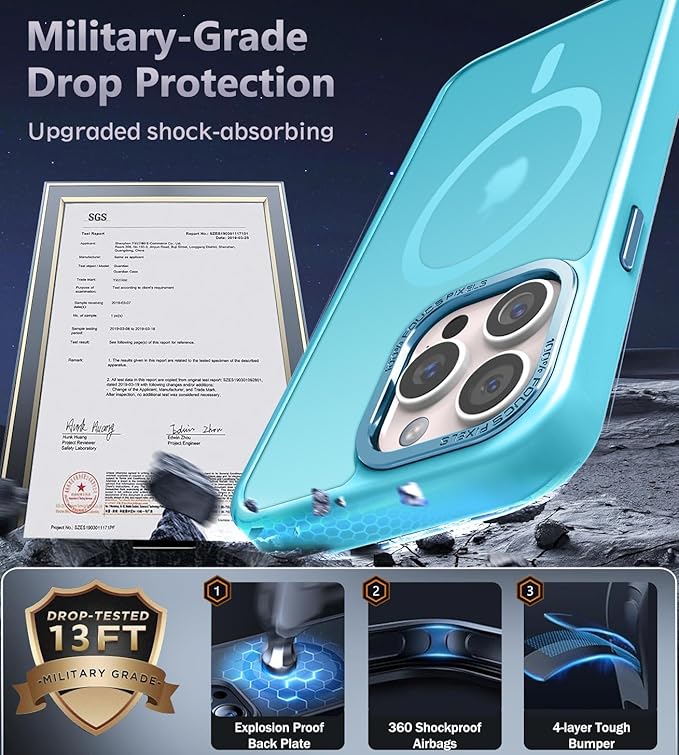 Newfuture Designed for iPhone 14 Pro Max Case with Magnetic [13 FT Military Drop Protection] [Compatible with Magsafe] Slim Translucent Matte Shockproof with Anti-Fingerprint Phone Case, Lake Blue