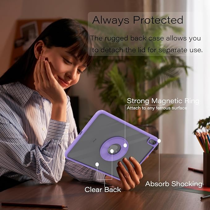 ZENLU iPad 10th 11th Generation Magnetic Case with Removable Folio Cover, Semi-Silicone Leather, Vertical Stand, Clear Back, Smart Sleep/Wake, Full Protective Case for iPad 10 & 11(A16) (Purple)