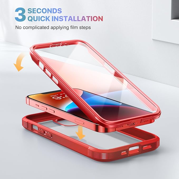 Diaclara Designed for iPhone 14 Case, Full Body Rugged Case with Built-in Touch Sensitive Anti-Scratch Screen Protector, with Camera Lens Protector for iPhone 14 6.1" (Red and Clear)
