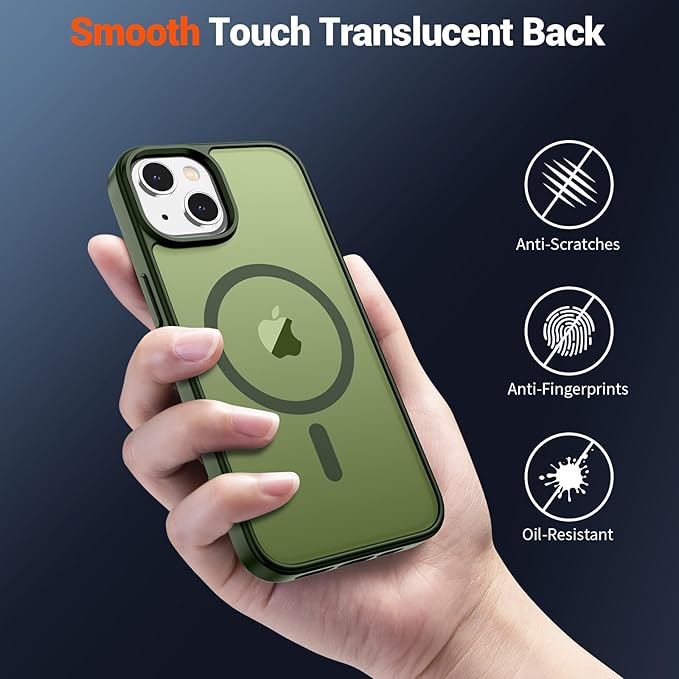 SUPFINE Magnetic for iPhone 15 Case (Compatible with MagSafe) (Military Grade Drop Protection) Slim Translucent Matte Shockproof with Anti-Fingerprint Phone Case, Cangling Green