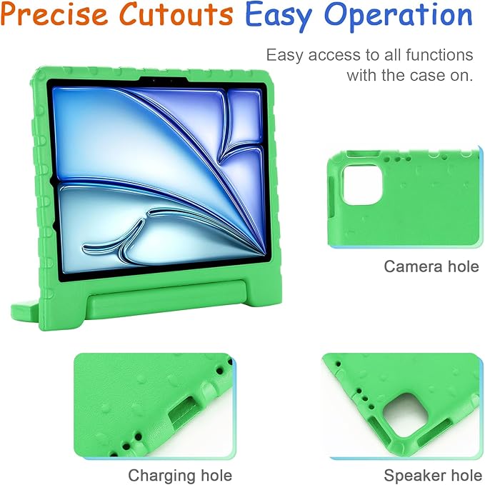 Kids Case for iPad Pro 11" M5/M4 & iPad Air 11" (2026/2025/2024) Shockproof Case with Pencil Holder, Techcircle Light EVA Foam Handle Stand Bumper Protective Child Friendly Drop Proof Cover, Green