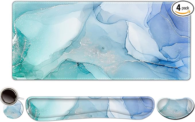 DINKY Keyboard Mouse Pad Set, Large Gaming Mousepad + Memory Foam Ergonomic Keyboard Wrist Rest Support, Easy Typing Pain Relief, 4Pcs (35.4" x 15.7") Extended Desk Mat-Blue Marble