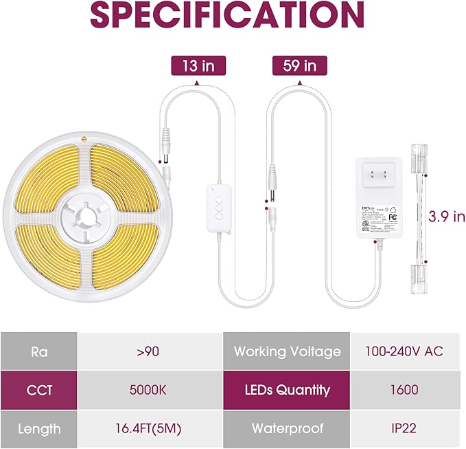 EMITEVER LED Strip Light, Cool White 5000K 16.4ft,24V DC COB Dimmable Tape Lights with RF Controller,Premium High Density Power Adapter,1600LEDs Suitable for Bedroom,Kitchen Cabinets,Indoor Use