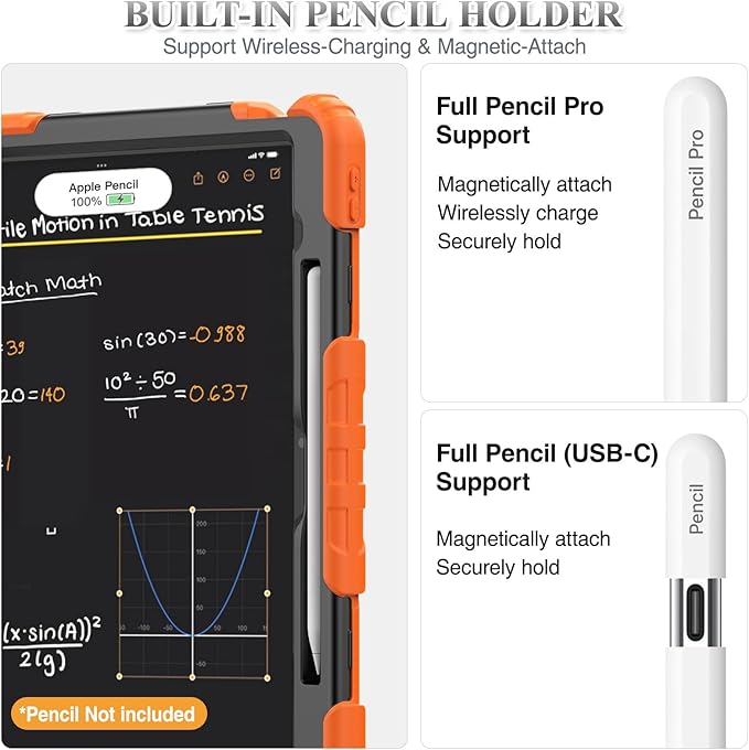 SEYMAC stock Case for iPad Air 13-inch M4-M2 2026-2024 (Gen 8-6), Shockproof Heavy Duty Case with Screen Protector, Pencil Holder, Rotating Stand, Hand Strap, Shoulder Strap, Orange