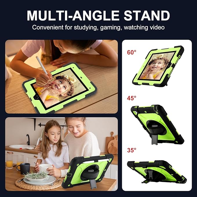 for iPad 6th Generation/iPad 5th Gen/iPad Air 2/iPad Pro 9.7" Case with Cute Key Chain, Rugged Protective Case with Rotating Stand & Shoulder Hand Strap for iPad 6th/5th/ Air 2 (Black+Yellow)