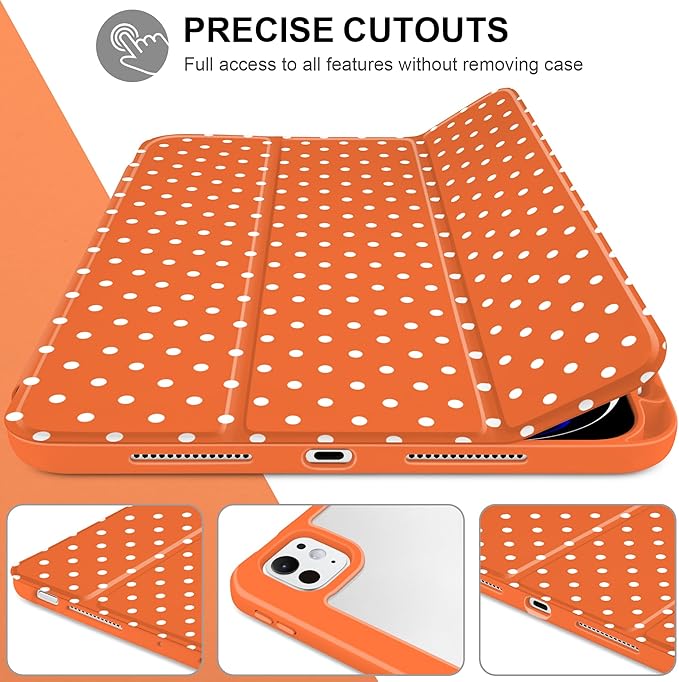 Case for iPad Pro 11 Inch (M5 2025 M4 2024) – [Built-in Pencil Holder], Shockproof & Stylish, Clear Hard Back + Soft TPU Edge, Magnetic Trifold Stand, Auto Wake/Sleep, Orange White dot
