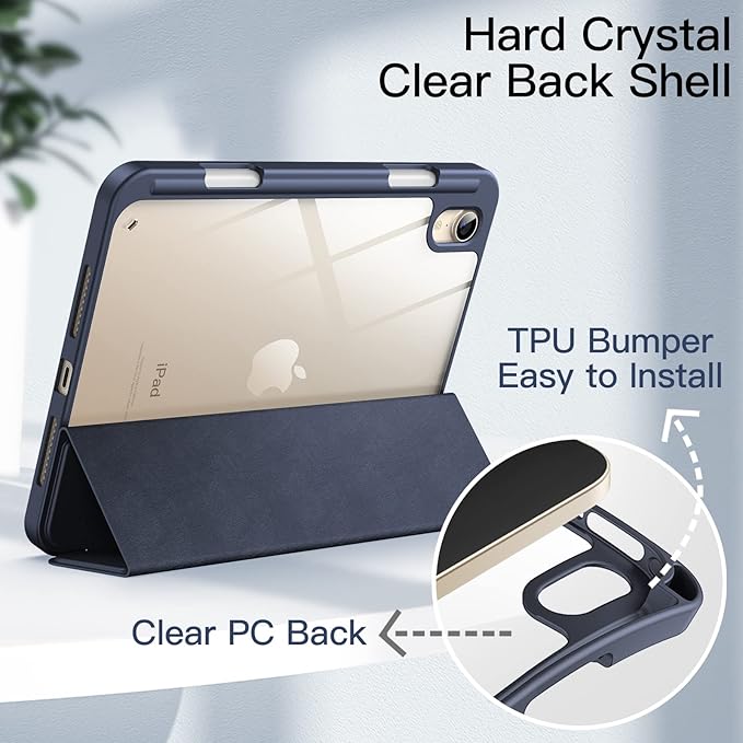 JETech Case for iPad mini (A17 Pro, 2024 Model, 7th Generation) / mini 6 (2021 Model, 6th Generation) with Pencil Holder, Clear Back Shell Slim Stand Tablet Cover, Auto Wake/Sleep (Navy)