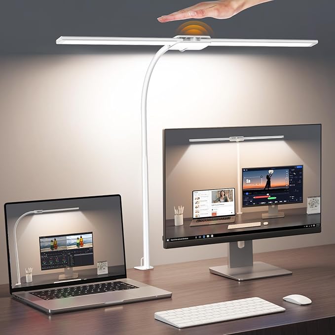 Syrinx LED Desk Lamp, Dual Head Desk Light with Clamp, 50 Lighting Modes Eye-Caring Table Lamp, Flexible Gooseneck Task Light with Motion Sensor, Wired Control, Timer & Memory Function for Home Office