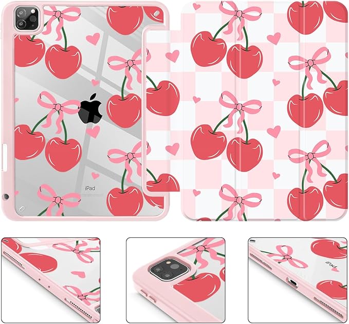 Mektron Case for iPad Pro 11 inch (4th, 3rd, 2nd & 1st Gen) 2022 2021 2020 2018, Buit in Pencil Holder with Shockproof Cover Clear Shell + Trifold Stand + Auto Wake/Sleep, Cherries Bows C353