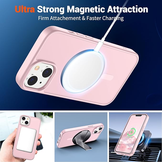 SUPFINE Magnetic for iPhone 15 Plus Case & iPhone 14 Plus Case (Compatible with MagSafe)(Military Grade Drop Protection) Translucent Shockproof Phone Cover,Light Pink