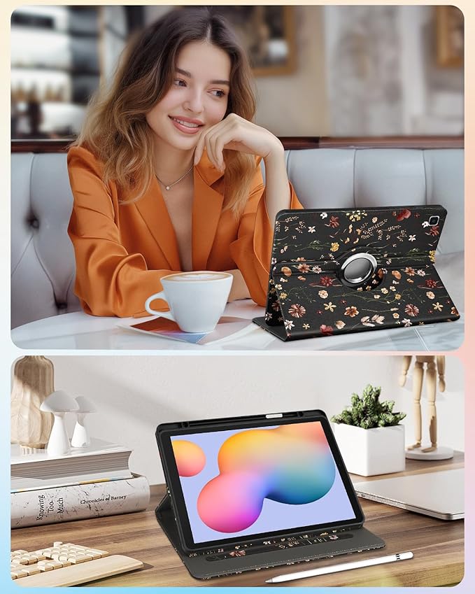 Kidcube for Samsung Galaxy Tab S6 Lite Case 10.4 Inch 2024/2022/2020 - Women Girls Cute Rotating Stand Folio Cover with Pencil Holder & Card Slot Flowers Floral Unique Design Cases for Tab S6 Lite