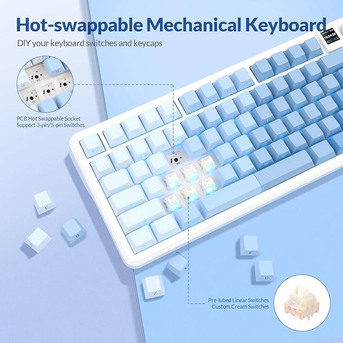 Rii RK805 Wireless Gasket Mechanical Keyboard with TFT Screen and Knob,75% Creamy Gaming Keyboard with RGB Backlight,Tri-Mode BT/2.4G/USB-C,Hot Swappable,for Windows/Mac/Linux(Blue Gradient)