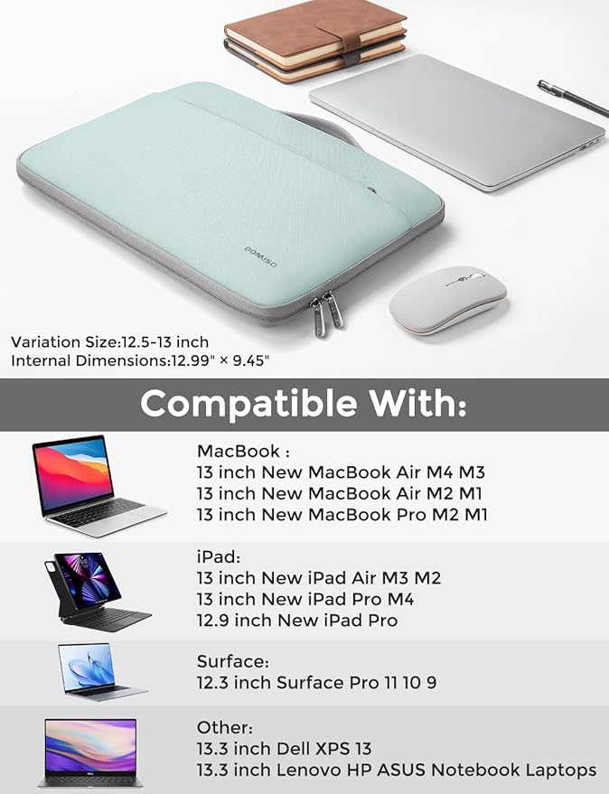 DOMISO 13.3 inch Laptop Case Sleeve Protective Cover Compatible with 14 inch MacBook Pro M4 M3 M2/MacBook Pro Max,13-13.3 inch Dell,Lenovo, HP,Waterproof Computer Cases Bag with Handle,Mint Green