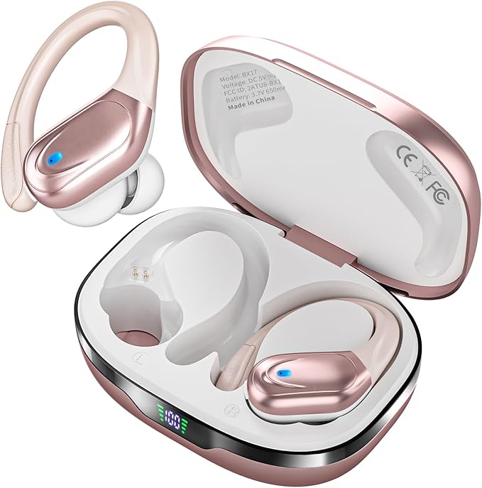HAOYUYAN Wireless Earbuds, Sports Bluetooth Headphones, 80Hrs Playtime Ear Buds with LED Power Display, Noise Canceling Headset, IPX7 Waterproof Earphones for Workout/Running（Bright Gold）
