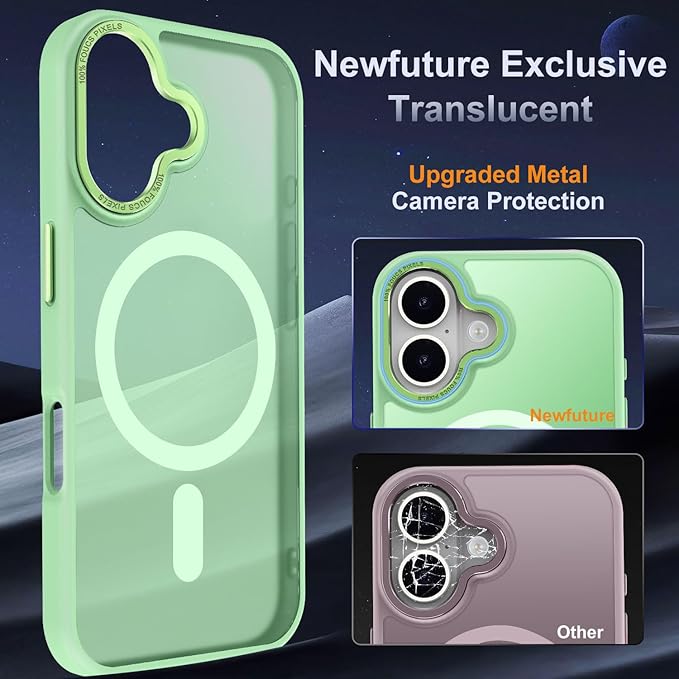Newfuture Designed for iPhone 16 Case with Magnetic [13 FT Military Drop Protection] [Compatible with Magsafe] Slim Translucent Matte Shockproof with Anti-Fingerprint Phone Case, Matcha Green