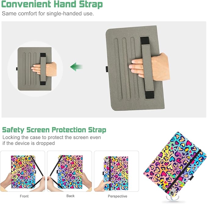for iPad (A16) 11Th/10Th Generation Case 2025/2022, for iPad Case 11Th/10Th Generation, 10Th/11Th Gen iPad Cover Pencil Holder/Hand Strap/Pocket/Adjustable Stand, Love Leopard