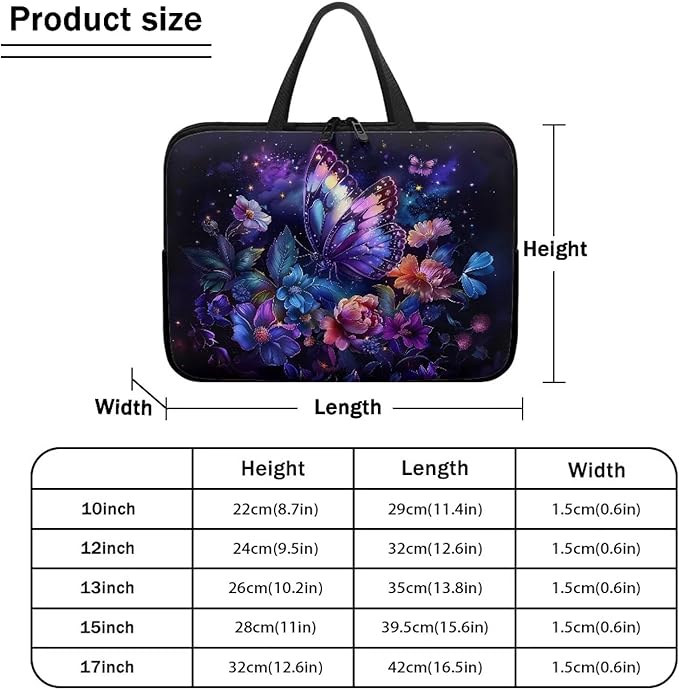 Purple Butterfly Floral 12 Inch Laptop Sleeve, Protector Laptop Case Tote Bag, Women Computer Cover with Zipper Work Travel Handbag Tablet Carrying Shoulder Bag for School Business