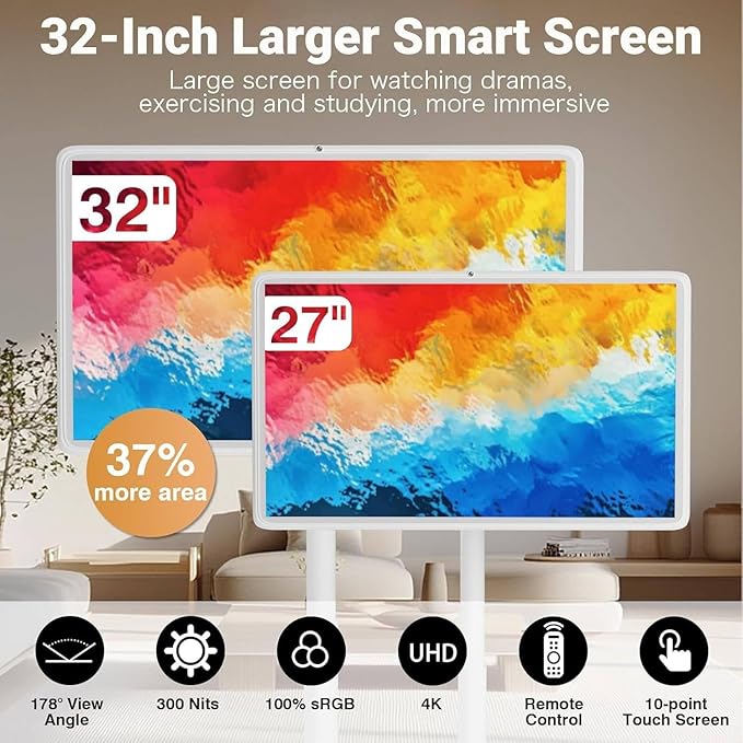 Portable Smart 27/32 in Full Hd Touchscreen Monitor, with Wheels and Remote Control, 5-6Hour Battery Life,Wireless/Wired Screen Mirroring, Rotating Display，4+64GB/8+128GB 32IN-8+128GB(4K)