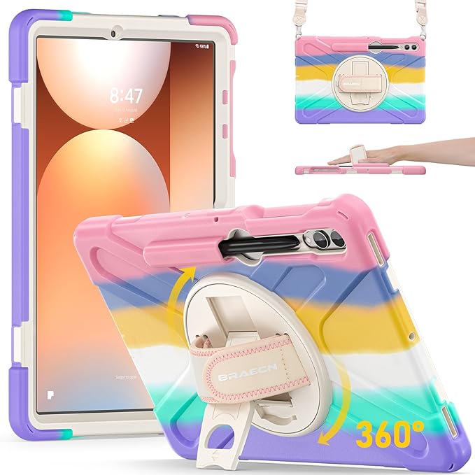 BRAECN for Samsung Galaxy Tab S10+ Plus/S9+/S9 FE + /S8+ Plus/S7 +Plus /S7 FE 12.4 Inch,Heavy Duty Shockproof Case with S Pen Holder&360 Rotating Hand Strap/Kickstand/Shoulder Strap -Rainbow