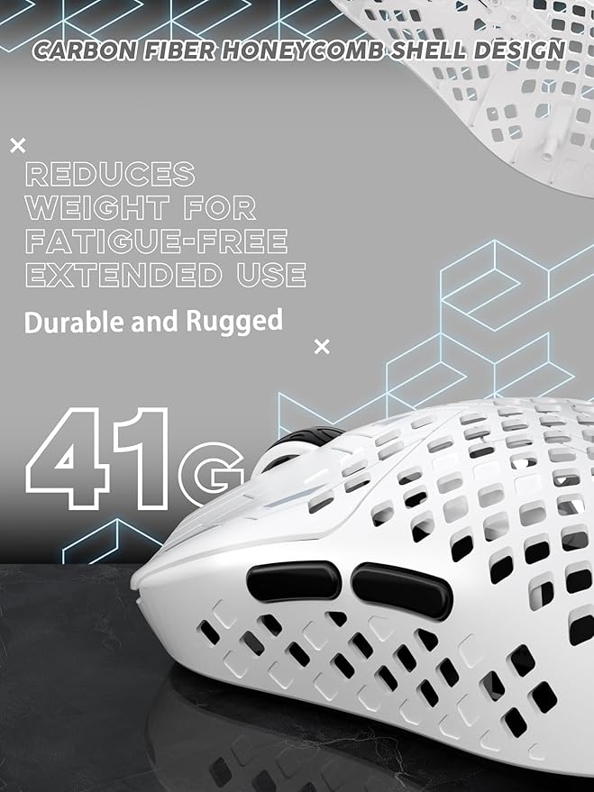 MAMBASNAKE M2 Carbon Fiber Wireless Gaming Mouse, PAW3395PRO 40K DPI, 1K Polling Rate 41g Ultralight Tri-Mode Ergonomic PC Mice, Cloud Driver AI Driver for PC/Mac/Win,White