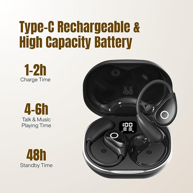 Wireless Earbuds with Earhooks, Open Ear Bluetooth 5.3 Headphones for Work & Running, 60H Playtime, LED Display, IPX5 Waterproof, USB-C Charging (Black)