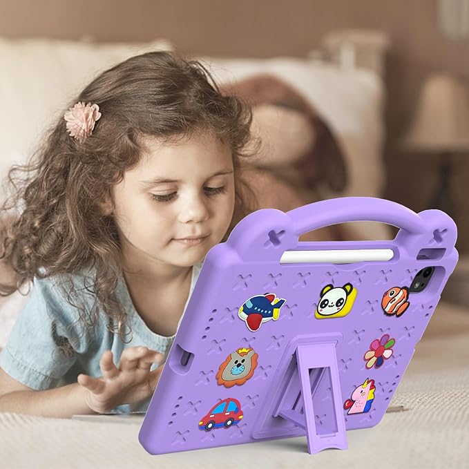 Dteck for iPad Air 6th Gen 11 Inch Case 2024,iPad Pro 11 Inch Case 2024 5th Gen(M4),Cartoon Panda Shockproof Rugged Lightweight Convertible Stand Kids Friendly Tablet Case with Handles,Light Purple