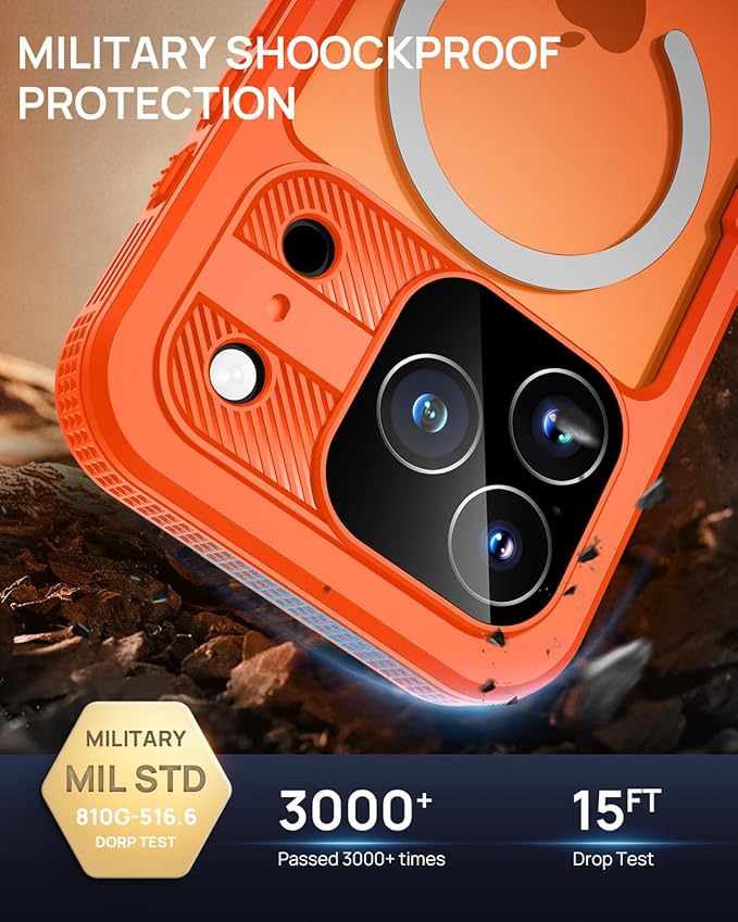 Lanhiem Magnetic for iPhone 17 Pro Case, IP68 Waterproof, Dustproof, Compatible with Magsafe, Built-in Screen Protector, Full Body, Heavy Duty, Rugged Phone Cover, 6.3 inch, Cosmic Orange