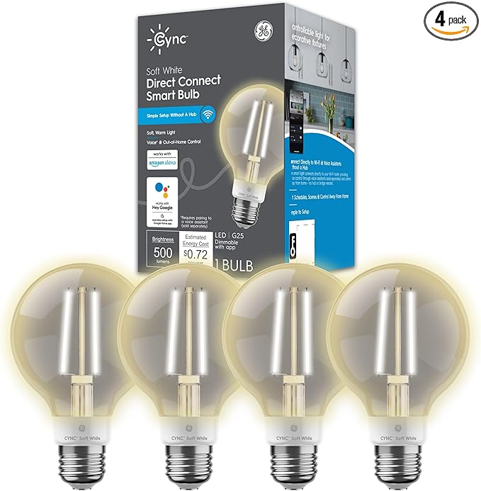GE CYNC Smart LED Light Bulbs, G25 Globe Bulb, WiFi Light, Soft White, 60W Equivalent, Works with Amazon Alexa and Google Home (4 Pack)