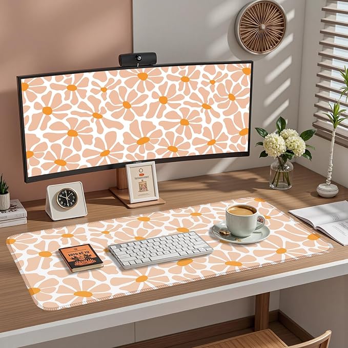 Boho Groovy Floral Leaf Mouse Pad Xl-31.5x15.7in-Desk Mousepad-Extended Aesthetic Keyboard Mouse Pad-for Desk Kid Girl with Stitched Edges Non-Slip Cozy Office Decor