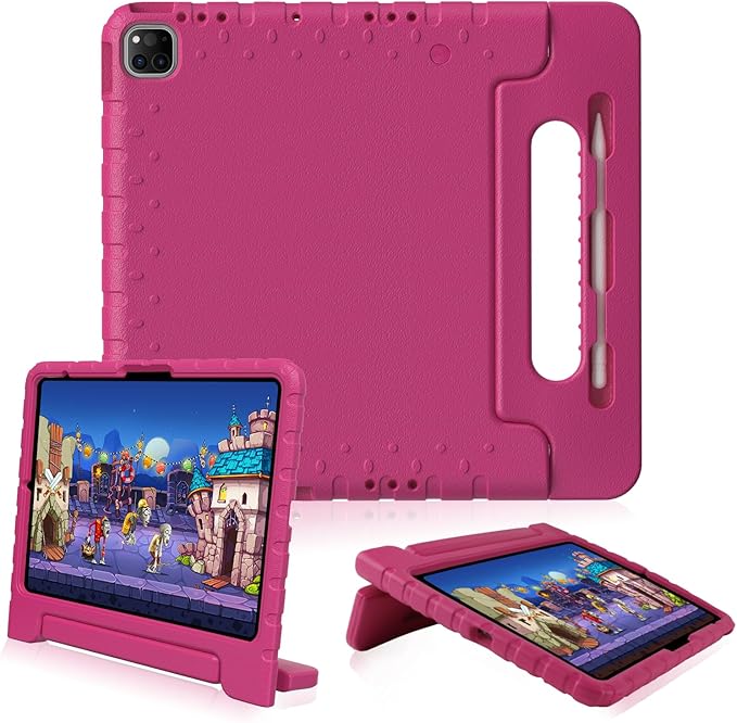 for iPad Pro 13 inch Case 2024 with Pencil Holder and Anti-Slip Hand Stand, Super Protection Rugged EVA Shockproof Kids Cover Compatible with iPad Pro 13-inch (M4)-Rose Red