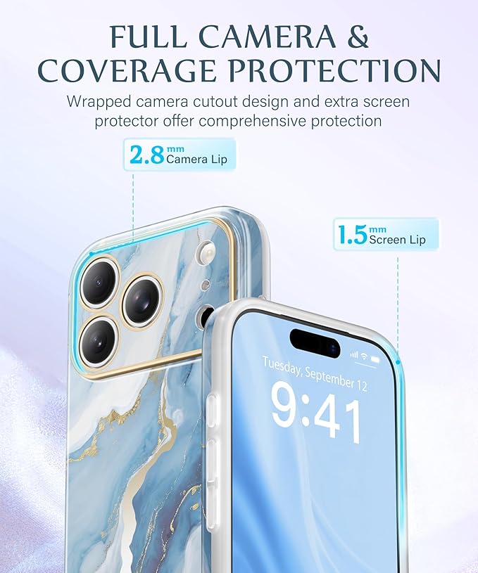 GVIEWIN for iPhone 17 Pro Case Compatible with MagSafe, [Full Camera Protection][Military-Grade Protection] Shockproof Protective Slim Magnetic Marble Phone Case for 17 Pro 6.3", Serene/Blue