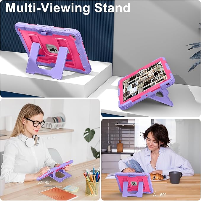 Kids Friendly Case for Apple iPad 10.2" 9th 8th 7th Generation 2021/2020/2019 Case with Pencil Holder & Shoulder Strap, Military Grade Shockproof Kickstand Hard Shell Protective Cover,Rose+Purple