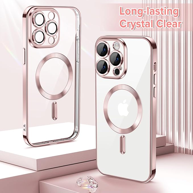 Hython Magnetic Clear for iPhone 12 Pro Case with Camera Lens Protector [Compatible with MagSafe] Luxury Plating Edge Slim Soft TPU Cover Protective Phone Case for iPhone 12 Pro 6.1", Pink