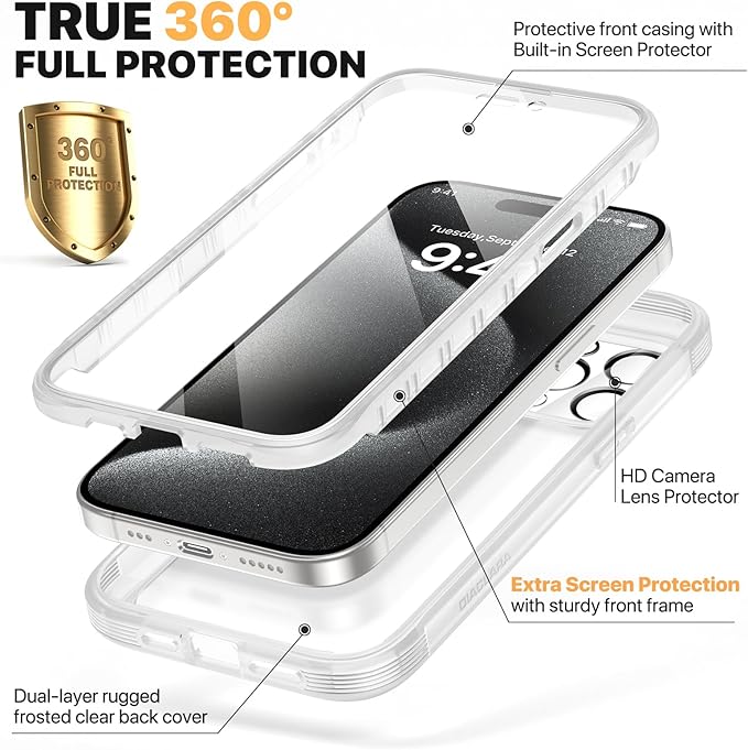 Diaclara Magnetic Designed for iPhone 15 Pro Max Case Full Body Bumper,[Compatible with MagSafe] Military Drop Proof Cover with Built-in Touch Sensitive Anti-Scratch Screen Protector,Frosted Clear