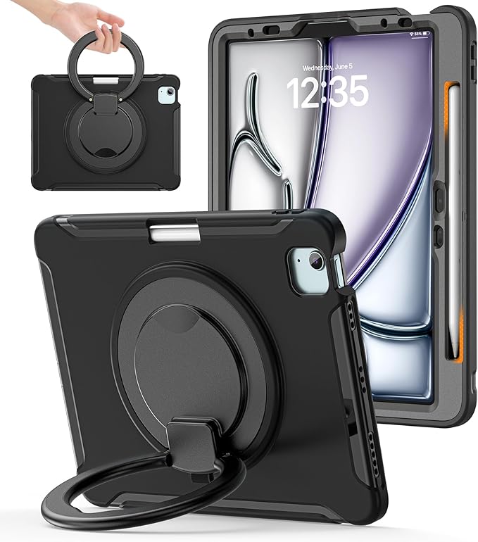 BATYUE Shockproof Case for iPad Air 11" M2/M3/M4, Air 4/5 10.9", iPad Pro 11" 1st-4th Gen 2018-2022 | 360° Multi-Angle Stand (Portrait & Landscape) & Grip, Built-in Pencil Holder, Black