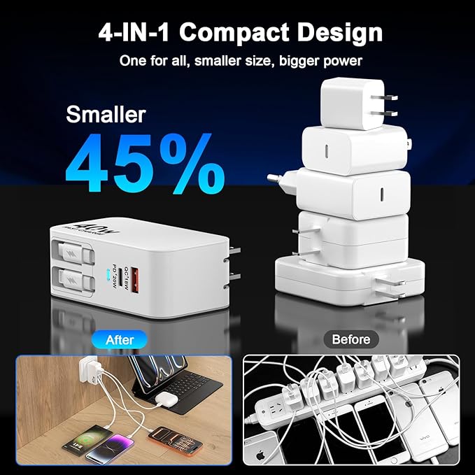 4-in-1 Retractable Wall Charger, 40W Retractable iPhone Charger Wall Plug with Dual 3ft Lightning + Type C Charging Cables, 4-Ports USB C Charger Foldable Block for iPhone 17 16 15 14 13 12 11 8 7