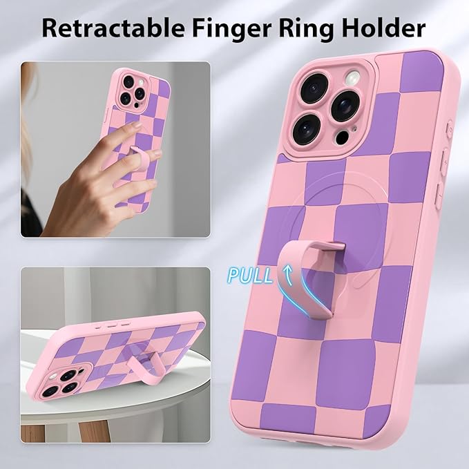 KANGHAR Compatible with iPhone 16 Pro Case, Support for MagSafe, Silicone Checkered Cute Pattern, Wristband Kickstand Camera Protection Soft Slim Cover for Girls Women -Pink