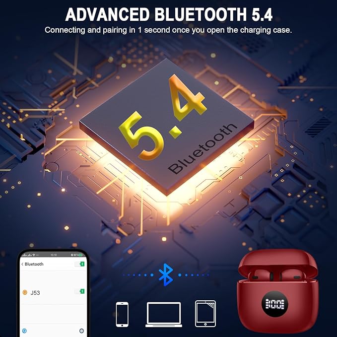 Jxrev Wireless Earbuds, Bluetooth Headphones LED Power Display Ear Buds Bass Stereo, Bluetooth Earbuds in-Ear Noise Cancelling Mic, Playback Mini Case IP7 Waterproof Sports Earphones for Android iOS