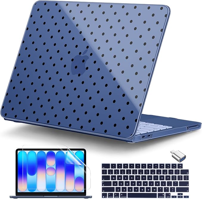 DONGKE for MacBook Neo 13 Inch Case 2026 (Model A3404, A18 Pro chip), Stylish Pattern Protective Hard Shell with Screen Protector, Keyboard Cover & USB-C Adapter - Indigo Polka Dots