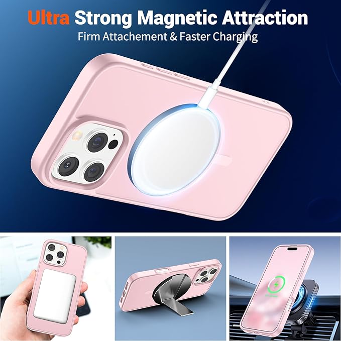 SUPFINE Magnetic for iPhone 16 Pro Max Case (Compatible with MagSafe) (Military Grade Drop Protection) Translucent Matte Shockproof Phone Cover,Light Pink