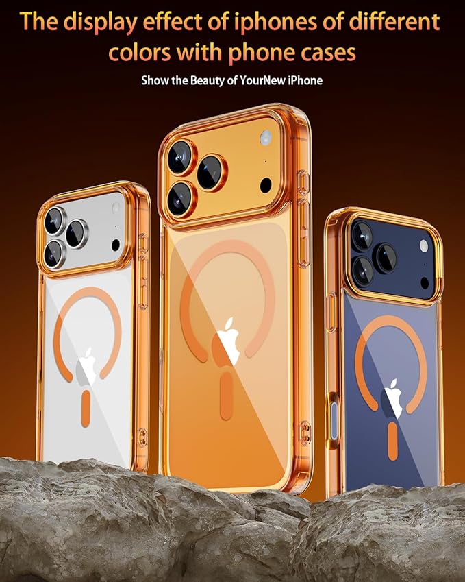 for iPhone 17 Pro Case, Compatible with MagSafe, Magnetic Slim Cover, Anti-Yellowing & Shockproof, Full Camera Protection, Includes Screen & Lens Protectors, Clear Orange Protective Case