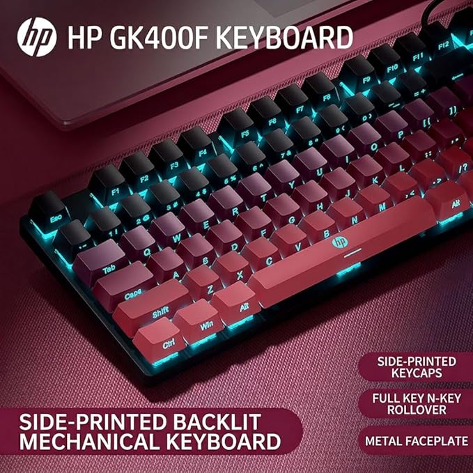 HP Wired Mechanical Gaming Keyboard GK400F, 104 Keys Full Size USB Keyboard, Brown Switches, Ice Blue LED Backlit, Anti-Ghosting, Black & Pink Keycaps, HP Keyboard for PC Gamer