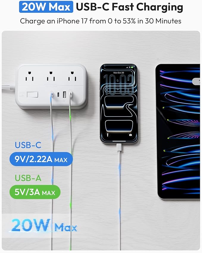 Flat Extension Cord 25 ft, NTONPOWER Power Strip with 6 Outlets 4 USB Ports(2 USB C),Flat Plug, Multiple Outlets, Mounted, Outlet Extender, Overload Protection for Indoor, Home, Office