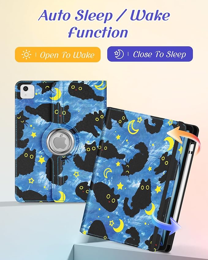 Kidcube for iPad Air 11 Inch Case M3/M2, Air 5th/4th Generation Cases 10.9'', Pro 11'' 2020 - Women Girls Aesthetic Cute Rotating Stand Folio Cover with Pencil Holder & Card Slot Girly Cat Stars