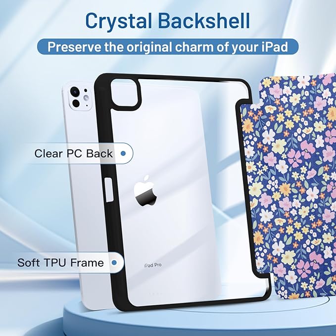 MrARTIST for for iPad Pro 11 Inch Case (M5/M4) 2025/2024 6th/5th Generation Case Cute for Women Girls Girly Kawaii Aesthetic Flowers Design for Apple Tablet Cover with Pencil Holder, Blue Floral
